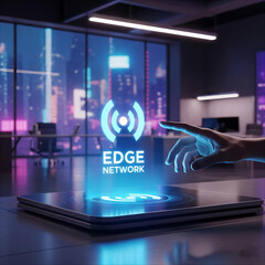 Futuristic hand interacting with a glowing edge network interface in a modern office