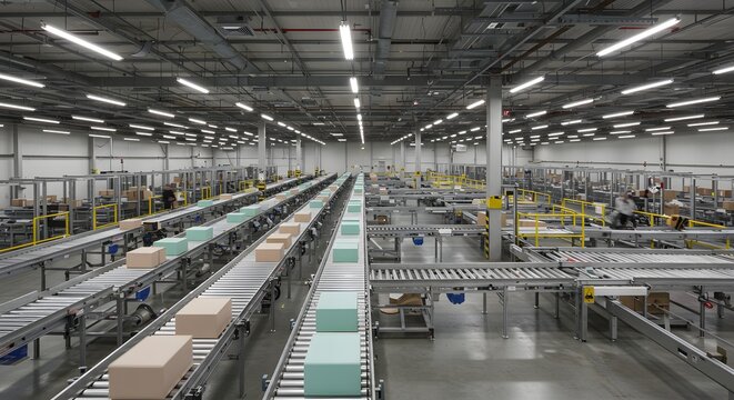 Modern automated warehouse with conveyor belts carrying packages and boxes