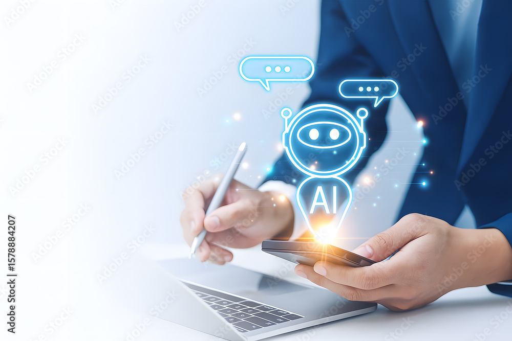 Poster ai chatbot interacting via mobile app on smartphone representing digital assistance and smart techno