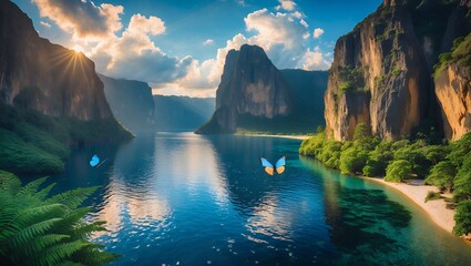 Scenic Lake Surrounded by Cliffs with Flying Butterflies at Sunrise