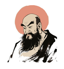 Traditional bodhidharma zen ink painting with red halo on transparent  background spiritual asian art