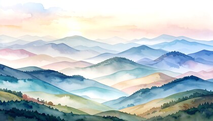 Fototapeta premium Watercolor mountain range landscape at sunrise