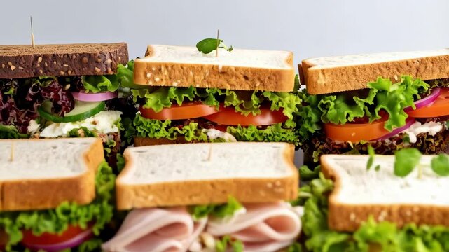 Assortment of freshly prepared sandwiches with various fillings on white bread and rye, arranged in rows, skewered with wooden toothpicks