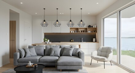 Modern open plan living room and kitchen with a view of the lake