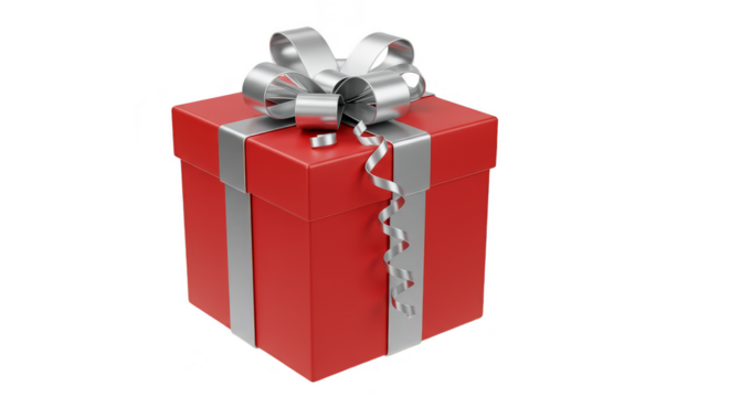 3d Rendering of Red Gift Box with Silver Ribbon Celebration