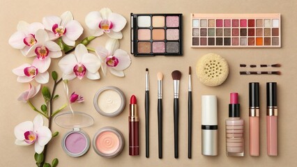 A beauty set of vibrant pink makeup brushes, powder, and lipstick for a glamorous woman's care