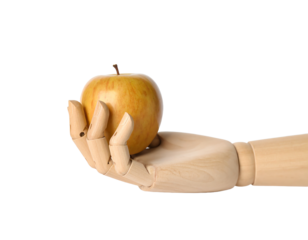 Wooden hand with apple on a white background