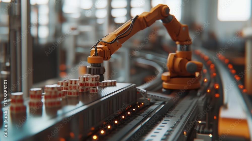 Aufkleber robotic arm manipulating small cubes on a conveyor belt in a factory setting.