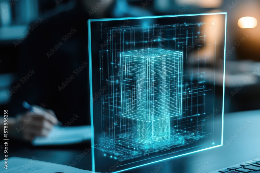 Poster business glowing education concept. 3d architectural model displayed in a futuristic interface with 