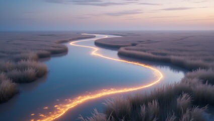 Fototapeta premium Glowing River Flowing Through Grassy Field at Dusk Landscape
