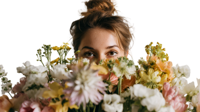 A woman with a bun hairstyle peeking over a large bouquet of flowers against a transparent background