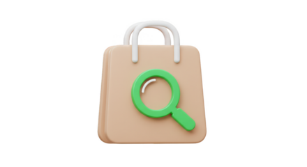 3D Shopping Bag with Green Magnifier on Transparent Background