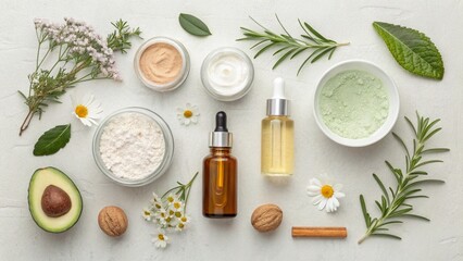 Herbal essential oil bottles and natural flower bath salts offer a relaxing aromatherapy massage for health and body care wellness