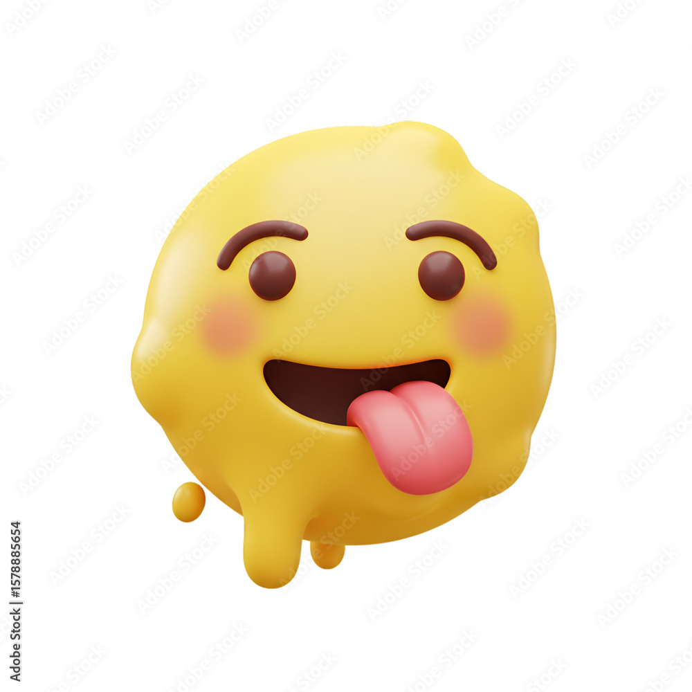 Poster 3d rendering yellow emoji with tongue sticking out and cheek in transparent background