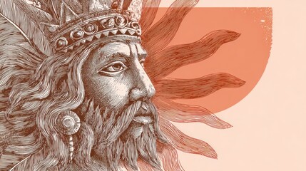 Close-up portrait of a man in a headdress, sunburst background