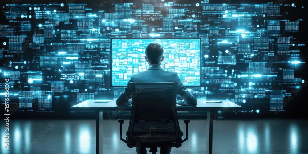 Poster business glowing education concept. person analyzing data on a computer with glowing screens in a fu