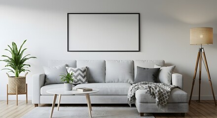Modern living room with a comfortable sectional sofa coffee table floor lamp and a blank picture frame on the wall