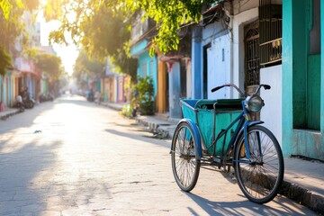 Three wheeled bicycle on cobblestone street with colorful buildings in sunlight
