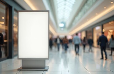 Blank white screen or signboard mockup for advertisement offers in public area. Blurred people walking in mall. Empty digital display for promotion. Marketing, shopping concept.
