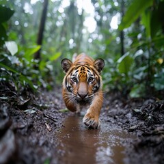 Tiger walking towards camera in a lush green jungle environment wildlife