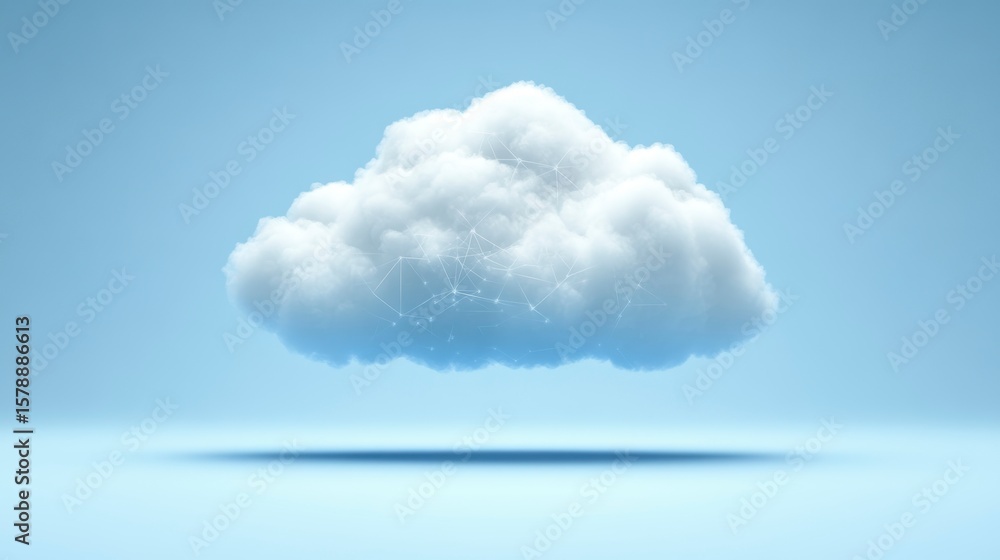 Poster a fluffy white cloud with a subtle network connection graphic inside, set against a light blue backg