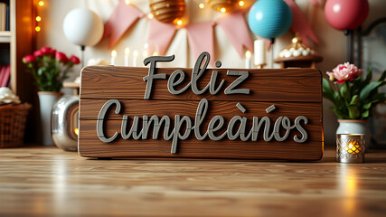 Feliz Cumpleaños painted on a wooden signboard with party decor in background, farmhouse style birthday look, 4K