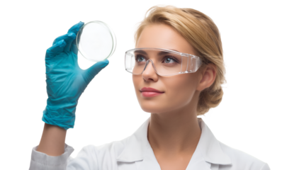 Woman in lab coat and safety glasses examining petri dish with gloved hand in a laboratory setting