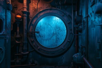 Futuristic round metal door with small circular window illuminating mysterious room with blue light in industrial or steampunk style interior