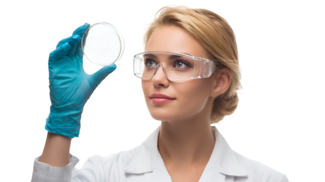 Woman in lab coat and safety glasses examining petri dish with gloved hand in a laboratory setting