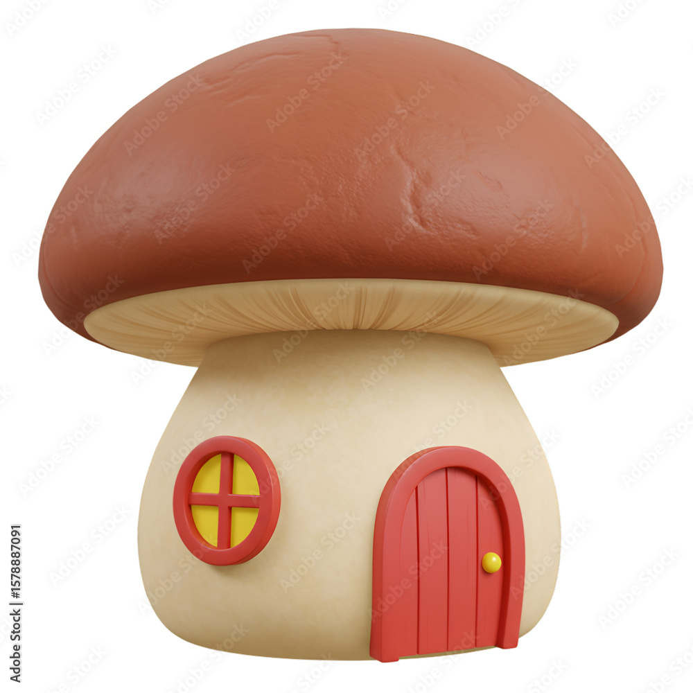 Poster 3d rendering of a mushroom house with red door in isolated background