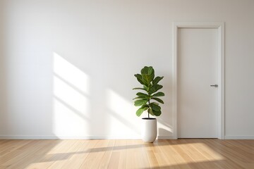 Minimalist interior with a fiddle leaf fig plant and a white door bathed in sunlight