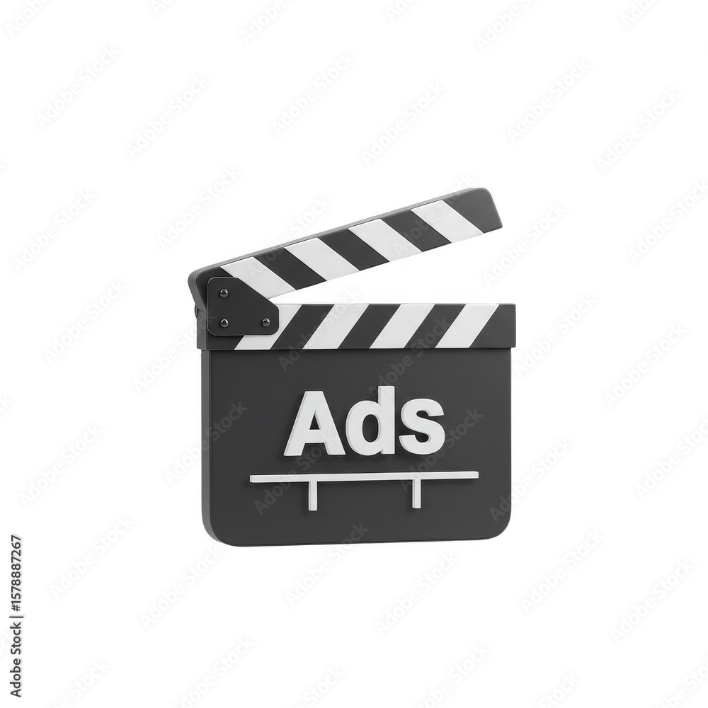 Poster 3d rendering of black and white ads movie clapperboard on transparent background