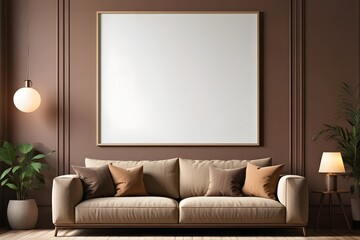 Cozy living room scene with a neutral sofa decorative pillows and a blank picture frame on a brown wall