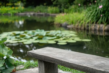 Tranquil garden bench by pond