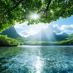 Tranquil lake scenery under sunlight