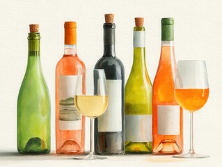 Watercolor wine bottles and glasses set. Beautiful bottles and glasses for decoration menu in restaurant or cafe. Alcoholic beverage.