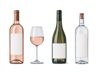 Watercolor wine bottles and glasses set. Beautiful bottles and glasses for decoration menu in restaurant or cafe. Alcoholic beverage.