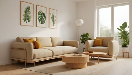 Modern living room with neutral toned furniture and botanical artwork