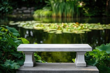 Tranquil stone bench beside a pond