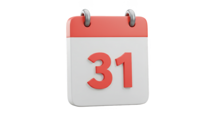 3D Rendering of Red Calendar Date Marked as 31 Isolated