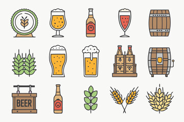  Beer and brewing color outline icon set with flat design craft beer, glass, bottle, and barrel symbols.