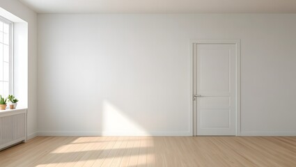 Fototapeta premium Minimalist room interior with white walls a closed white door and a window with sunlight casting shadows on the floor