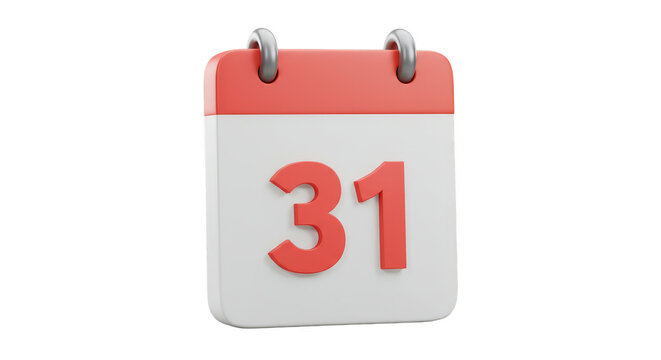 3D Rendering of Red Calendar Date Marked as 31 Isolated
