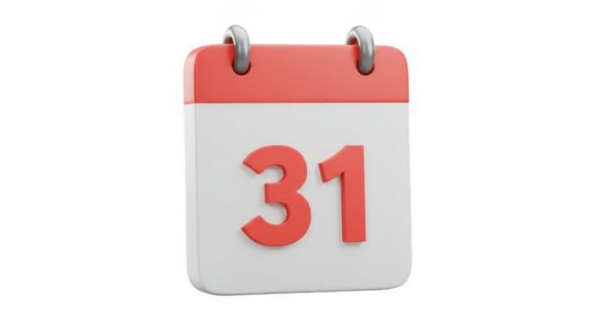 3D Rendering of Red Calendar Date Marked as 31 Isolated