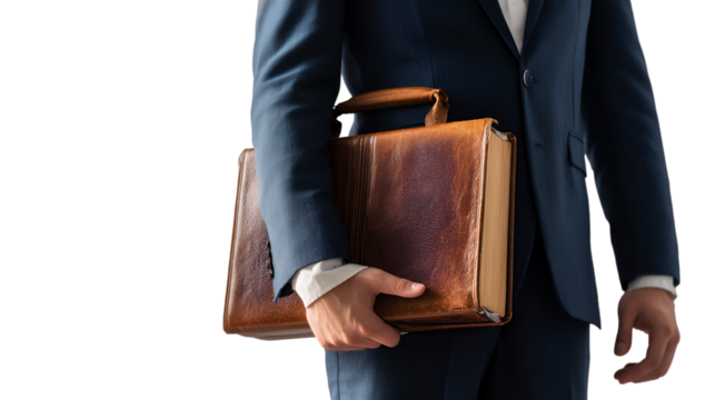 A man in a suit carrying a brown leather briefcase in his hand with a transparent background behind him