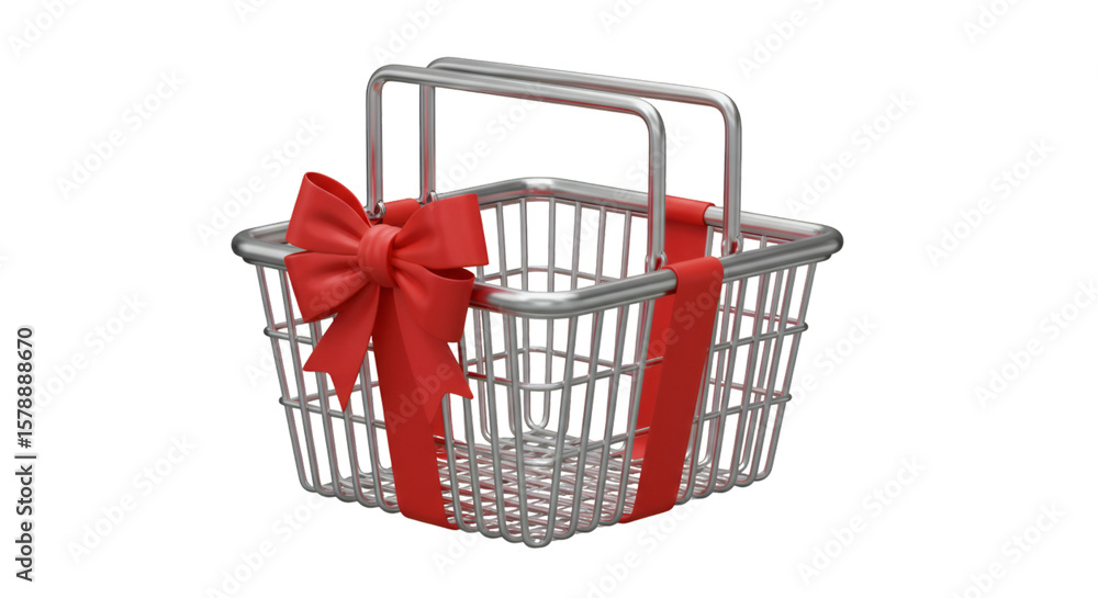 Poster 3d rendering of shopping basket with red bow on transparent background