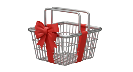 3d Rendering of Shopping Basket with Red Bow on Transparent Background