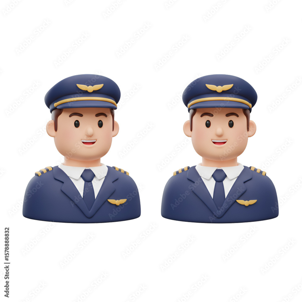 Poster 3d rendering of two pilot characters in blue uniform with cap