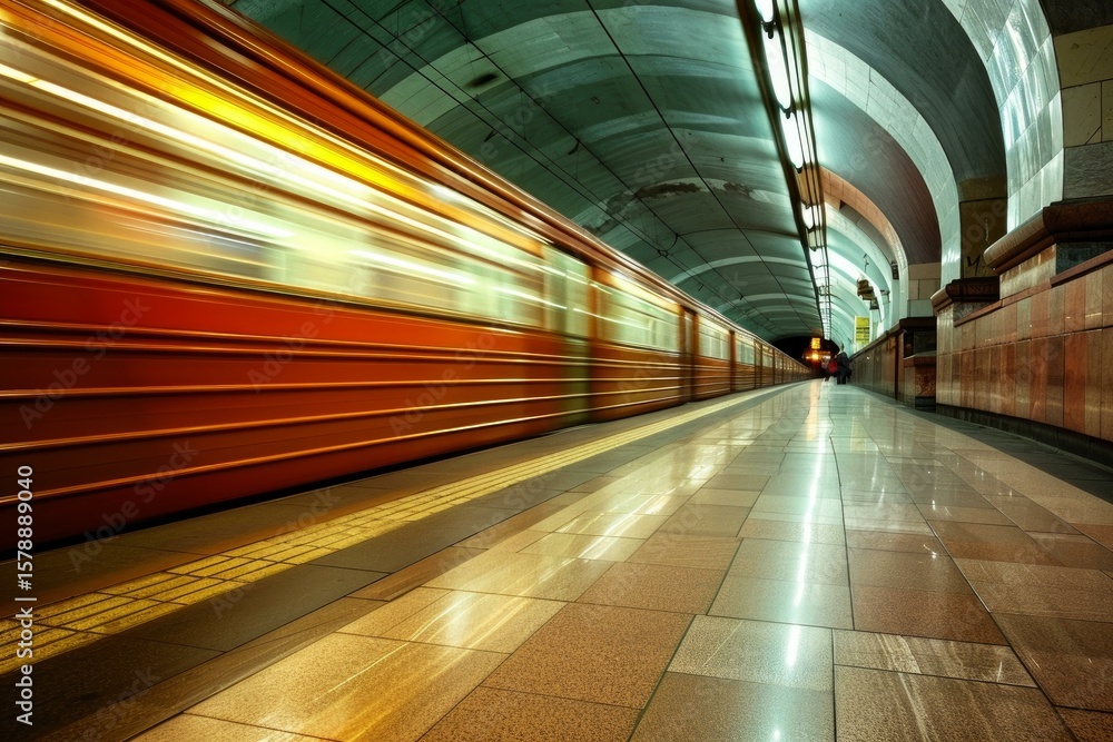 Poster fast moving subway train is passing through station with motion blur effect