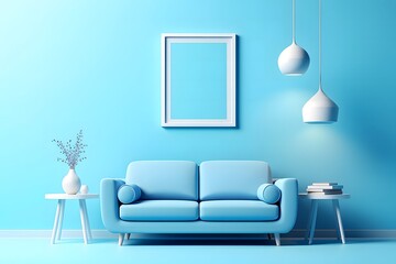 Minimalist living room with a light blue sofa and modern pendant lights against a blue wall